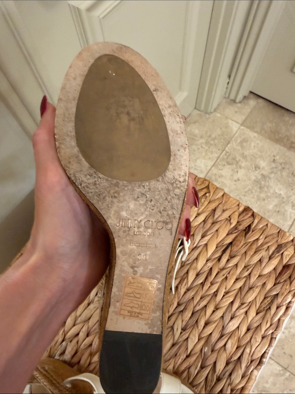 Jimmy Choo Wedge Espadrille Sandals in White and Tan - Picture 5 of 5